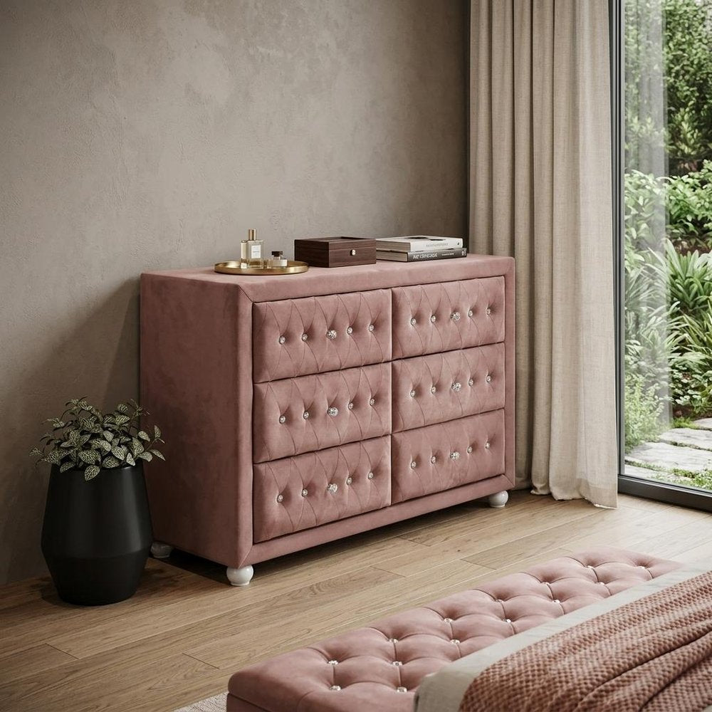 40" Pink Wood Six Drawer Double Dresser