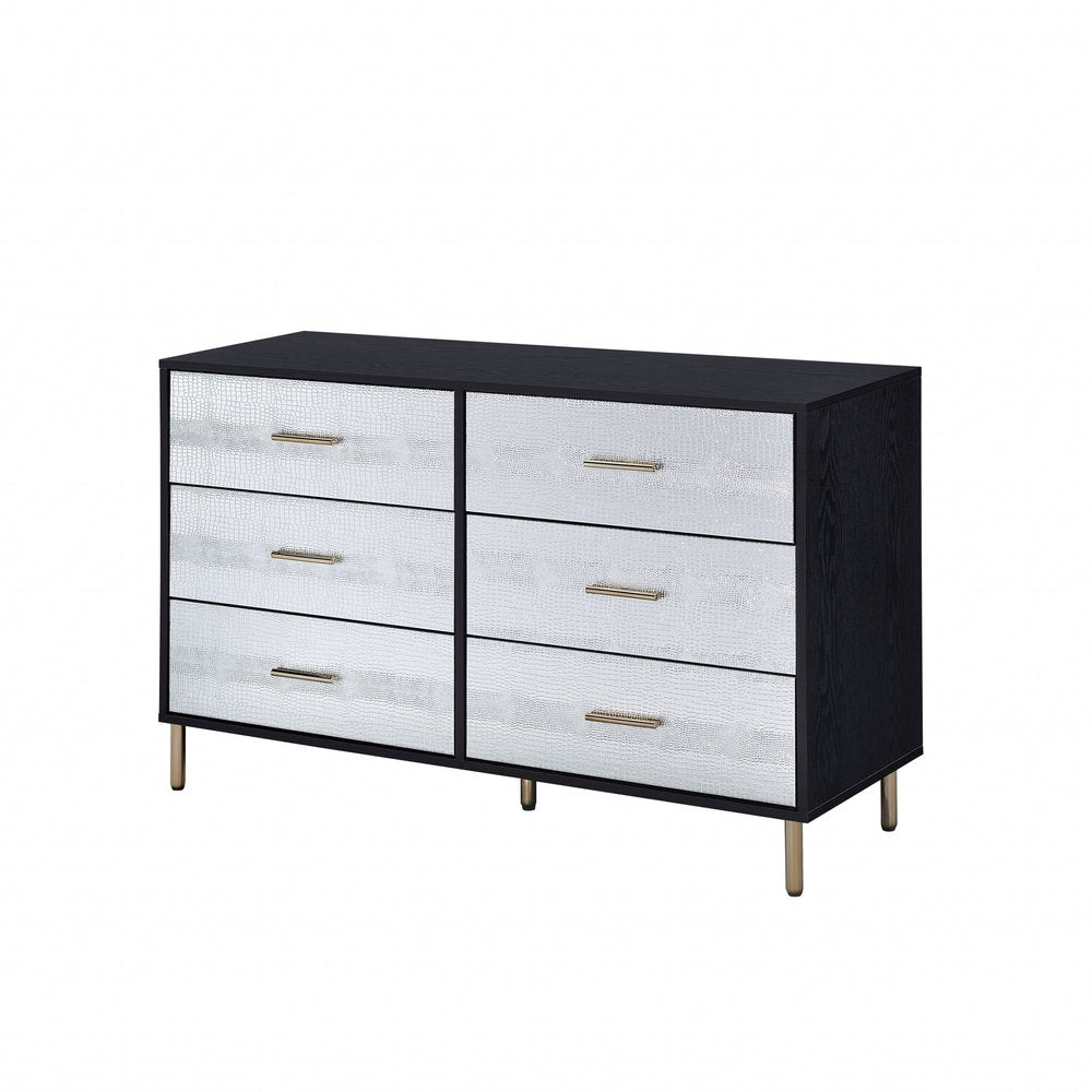 47" Black Silver and Gold Faux Croc Design Six Drawer Double Dresser