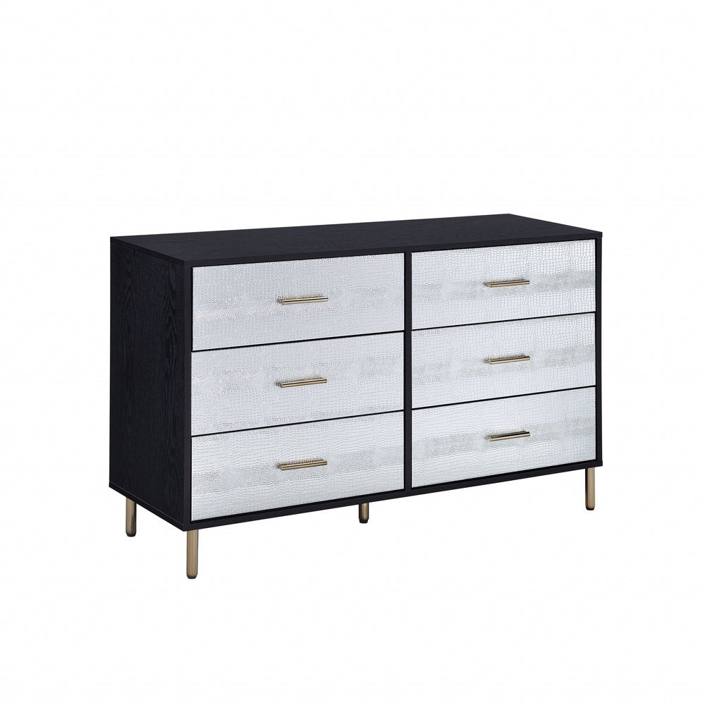 47" Black Silver and Gold Faux Croc Design Six Drawer Double Dresser
