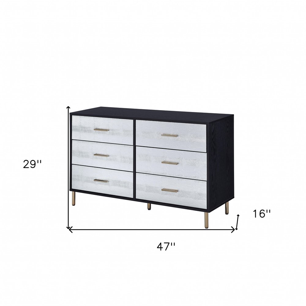 47" Black Silver and Gold Faux Croc Design Six Drawer Double Dresser