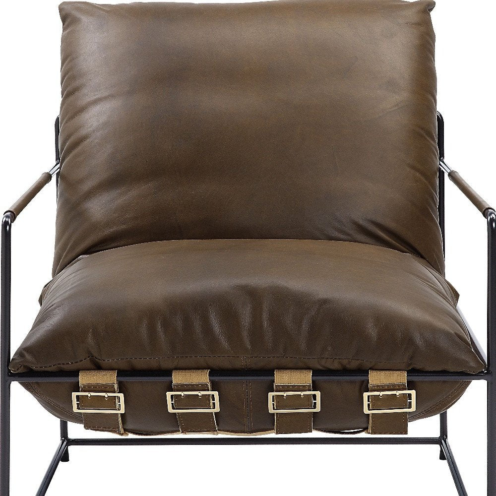 27" Brown and Steel Blue Top Grain Leather Lounge Chair
