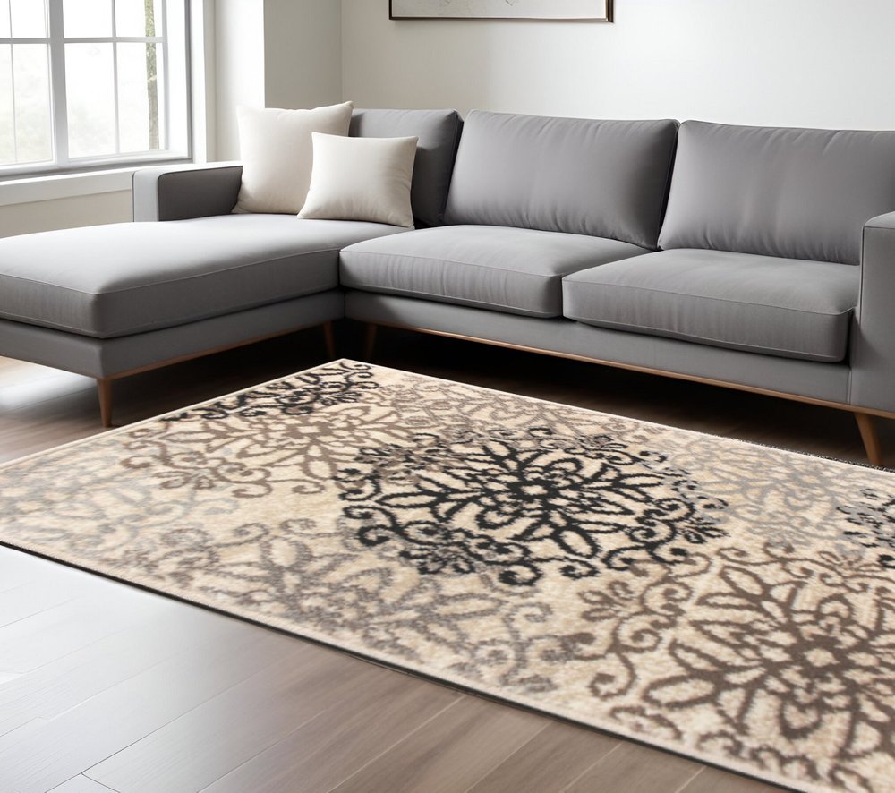 8' X 10' Beige Black And Brown Floral Medallion Area Rug