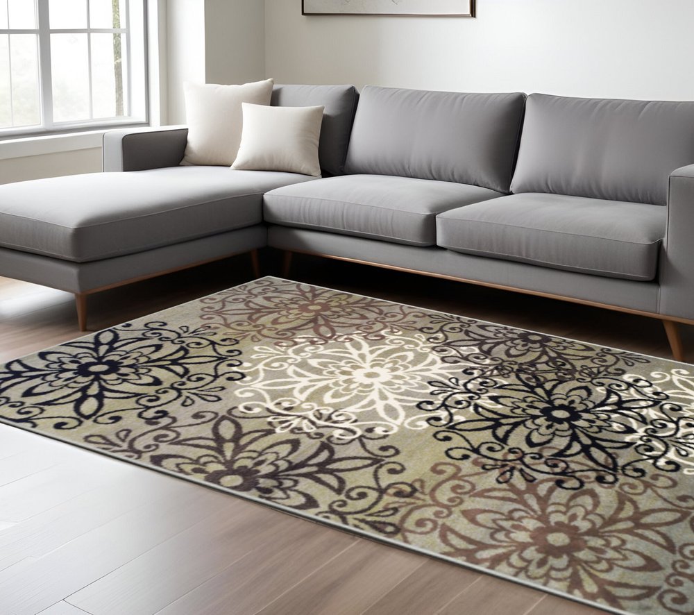 8' X 10' Brown Black And Gray Medallion Area Rug