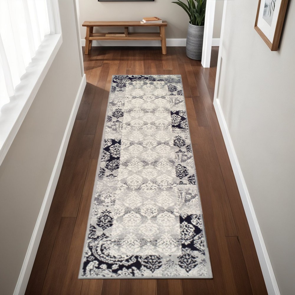 8' Black And Gray Damask Distressed Runner Rug
