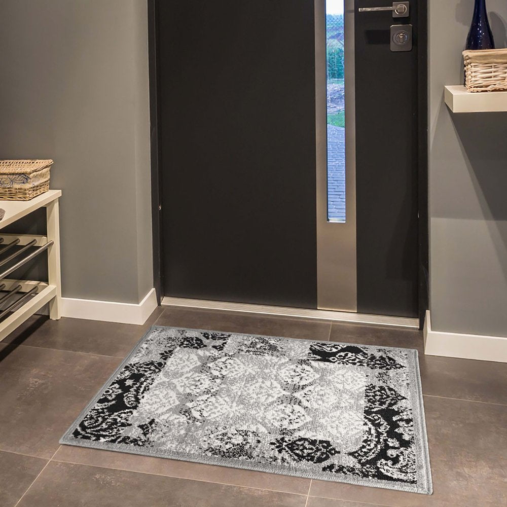 2' X 3' Black And Gray Damask Distressed Area Rug