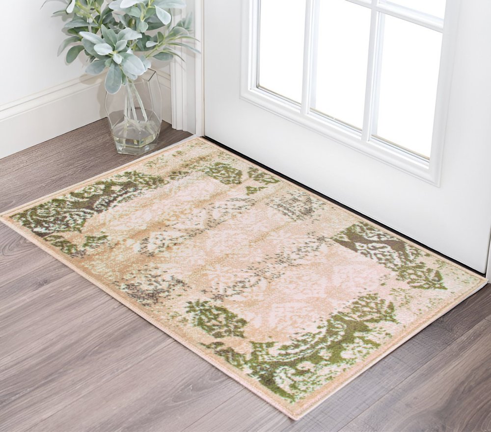 2' X 3' Beige Damask Power Loom Distressed Stain Resistant Area Rug