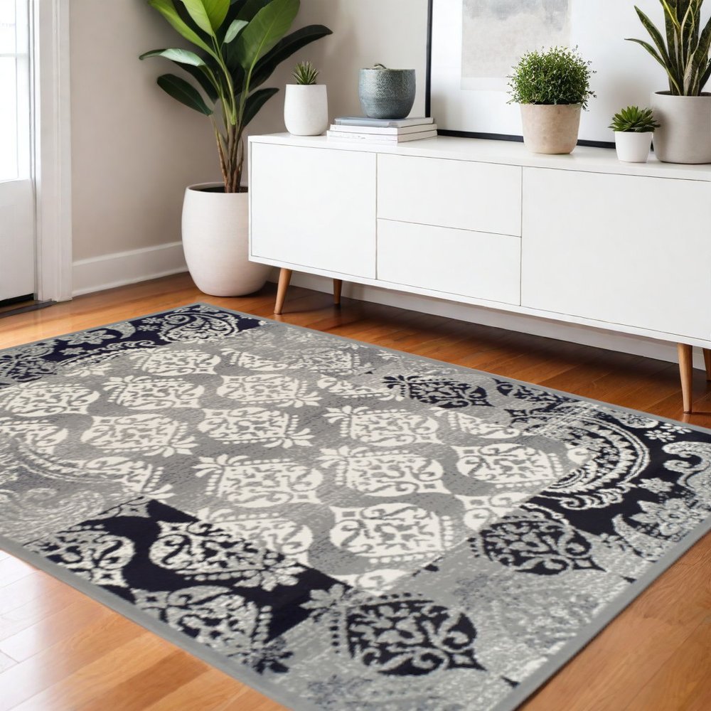 4' X 6' Black And Gray Damask Distressed Area Rug