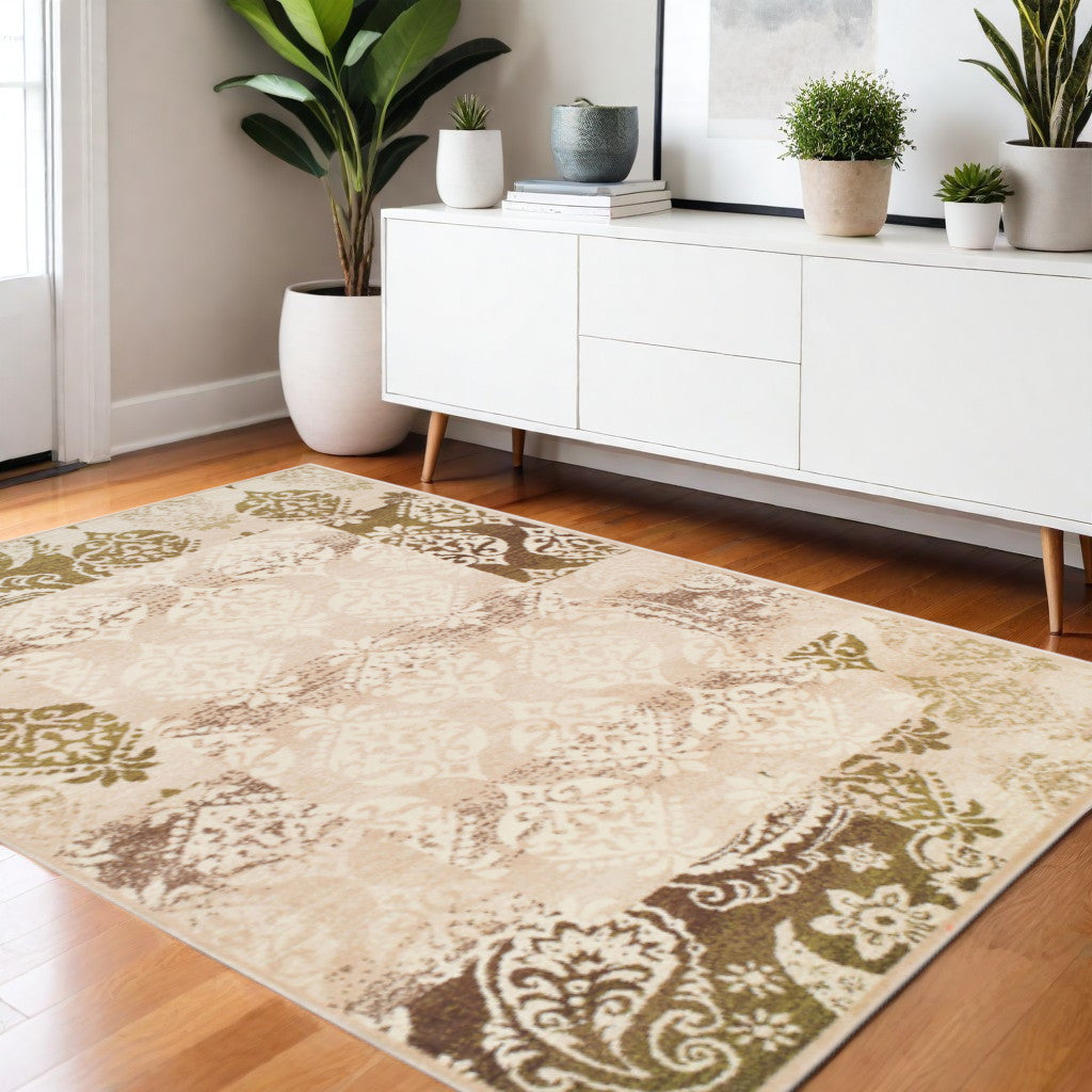4' X 6' Beige Damask Power Loom Distressed Stain Resistant Area Rug