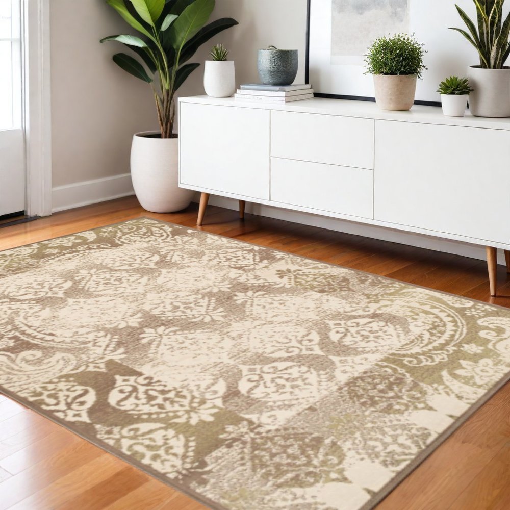 4' X 6' Beige And Brown Damask Distressed Area Rug
