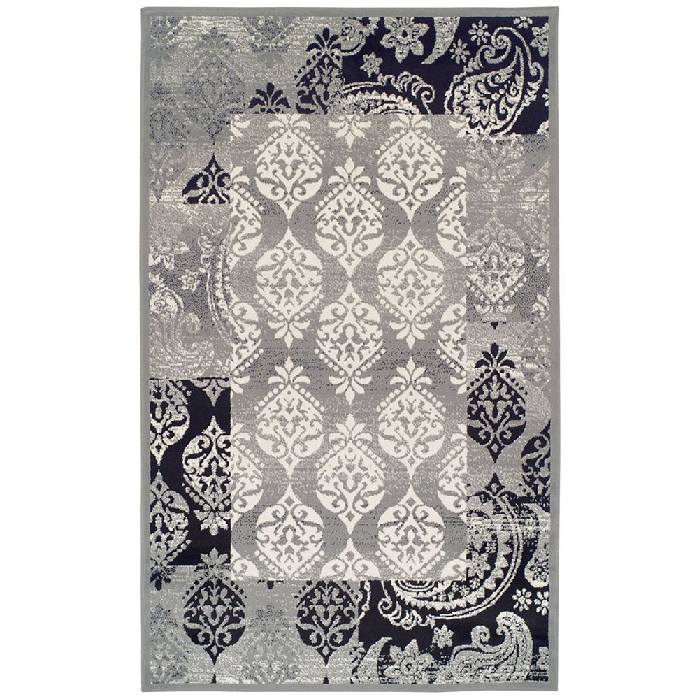 5' X 8' Black And Gray Damask Distressed Area Rug
