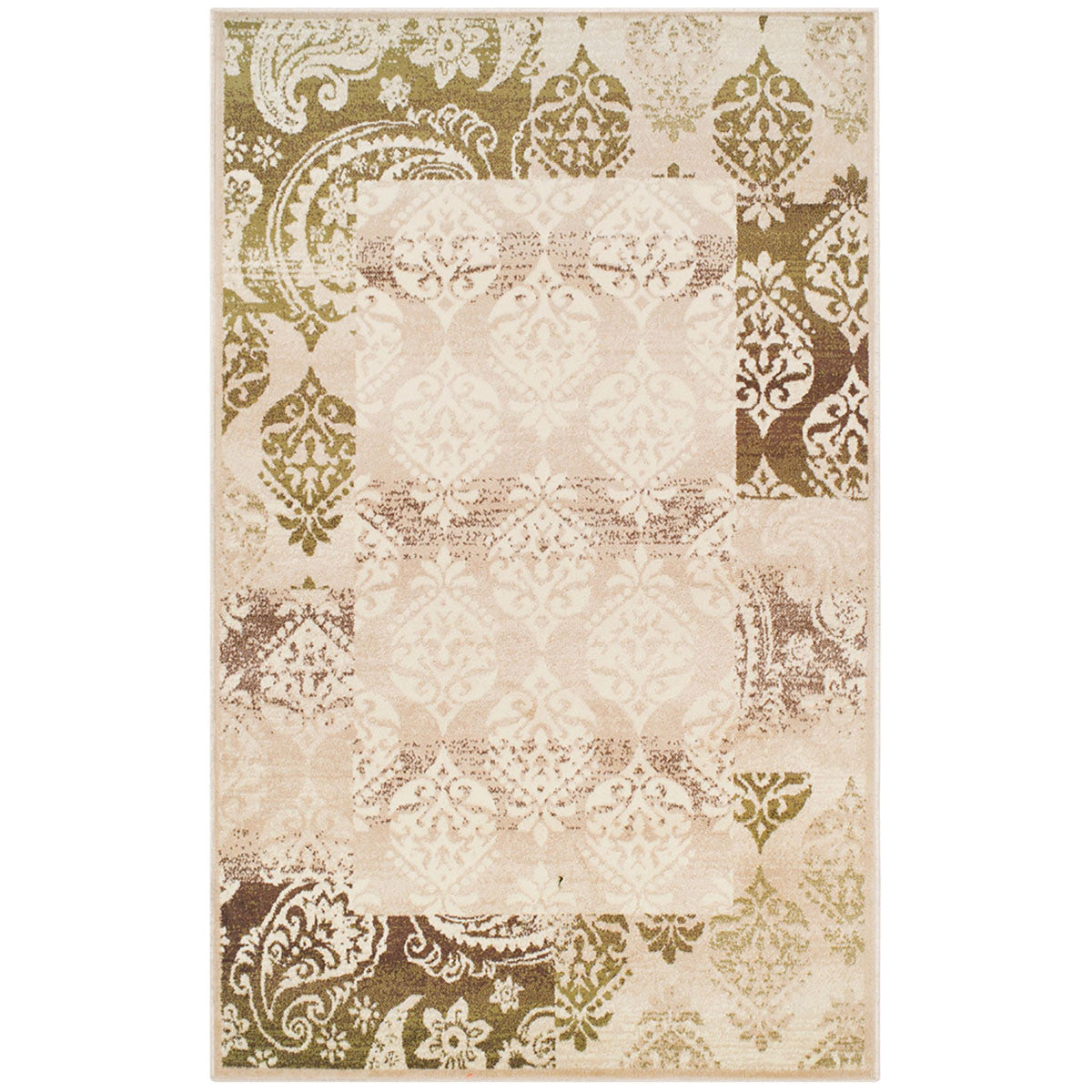 5' X 8' Beige Damask Power Loom Distressed Stain Resistant Area Rug