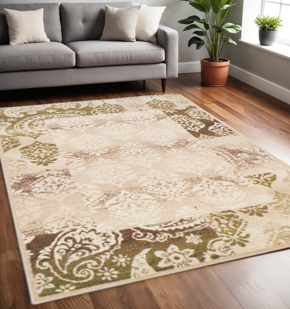 5' X 8' Beige And Brown Damask Distressed Area Rug