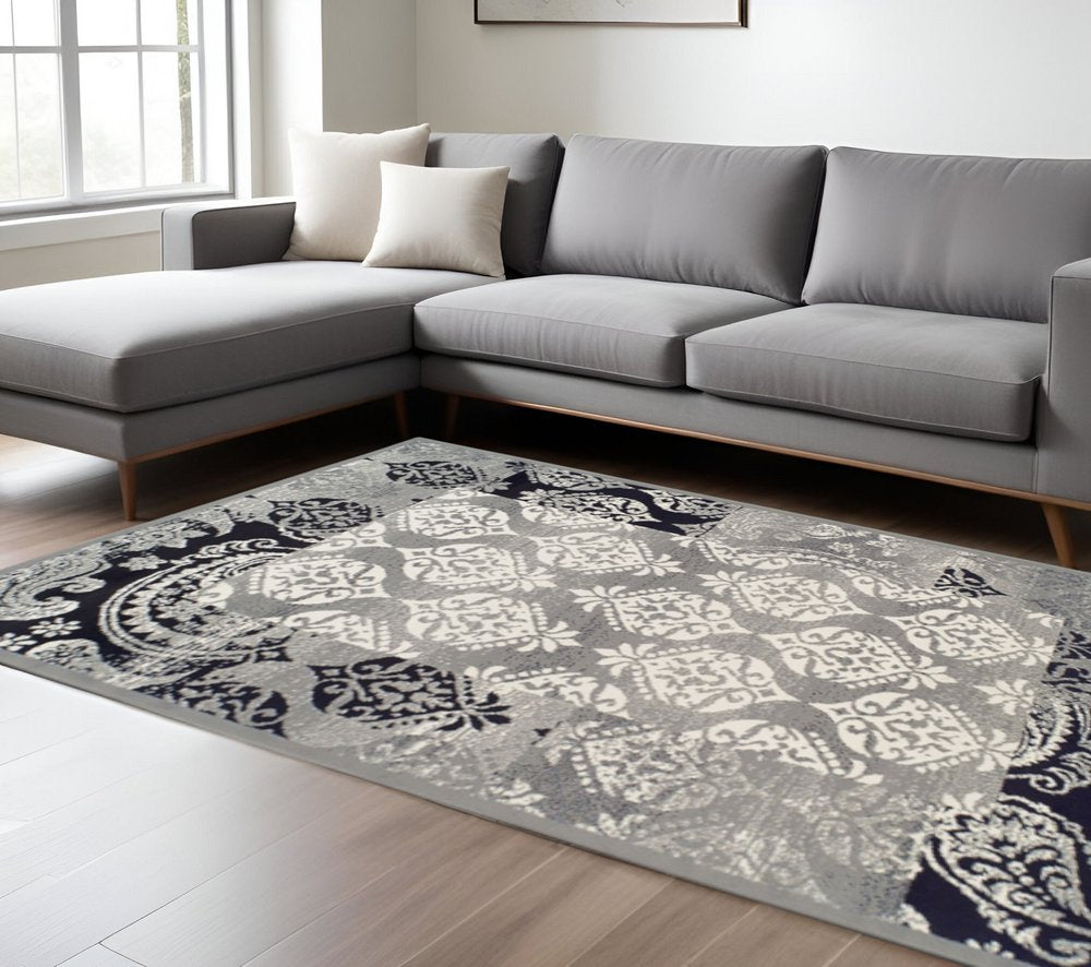 8' X 10' Black And Gray Damask Distressed Area Rug
