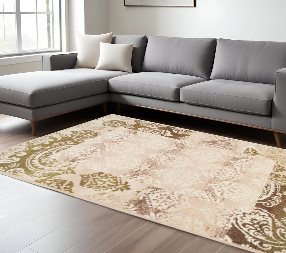 8' X 10' Beige And Brown Damask Distressed Area Rug