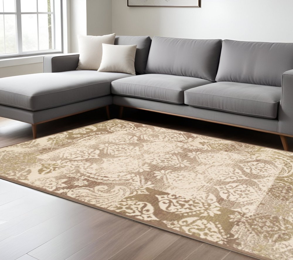 8' X 10' Beige And Brown Damask Distressed Area Rug