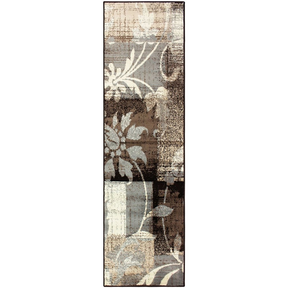 8' Beige Brown And Gray Floral Distressed Runner Rug