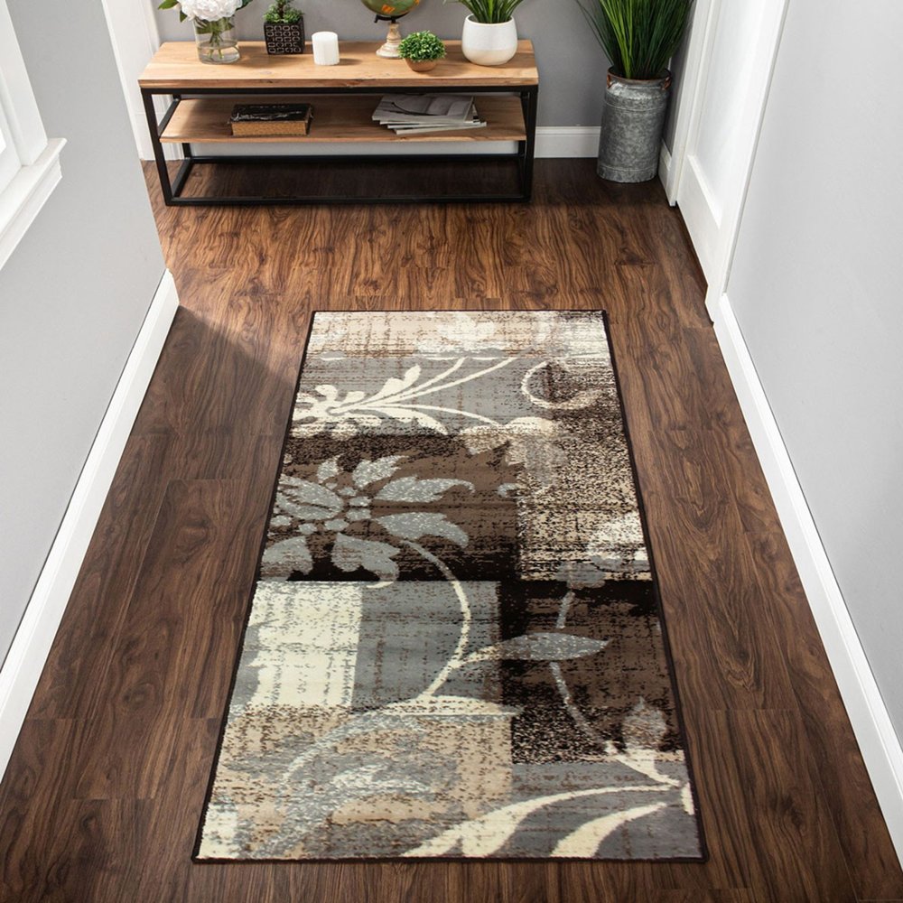 8' Beige Brown And Gray Floral Distressed Runner Rug