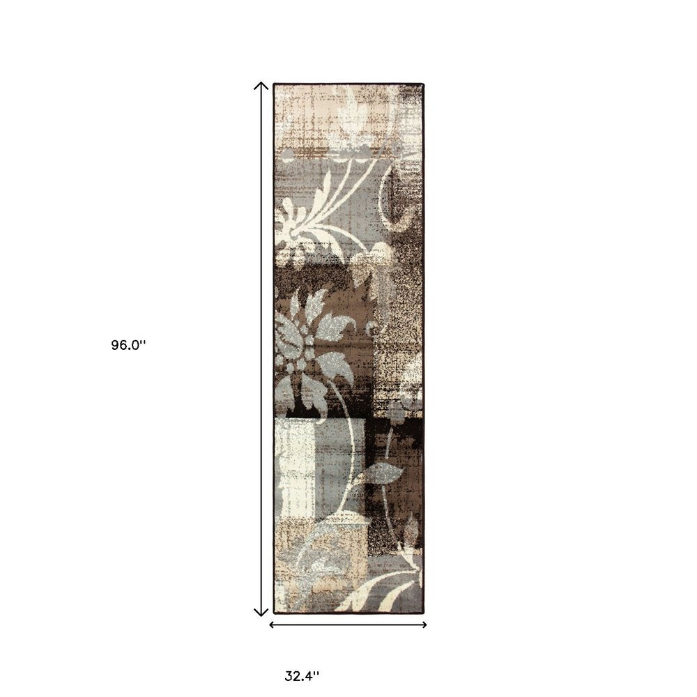 8' Beige Brown And Gray Floral Distressed Runner Rug