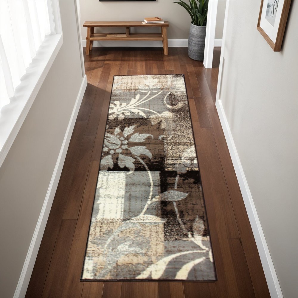 8' Beige Brown And Gray Floral Distressed Runner Rug