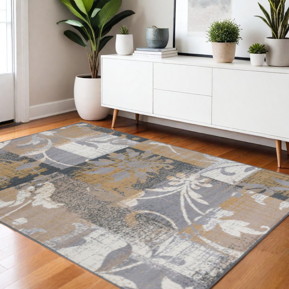 4' X 6' Beige And Black Floral Distressed Area Rug