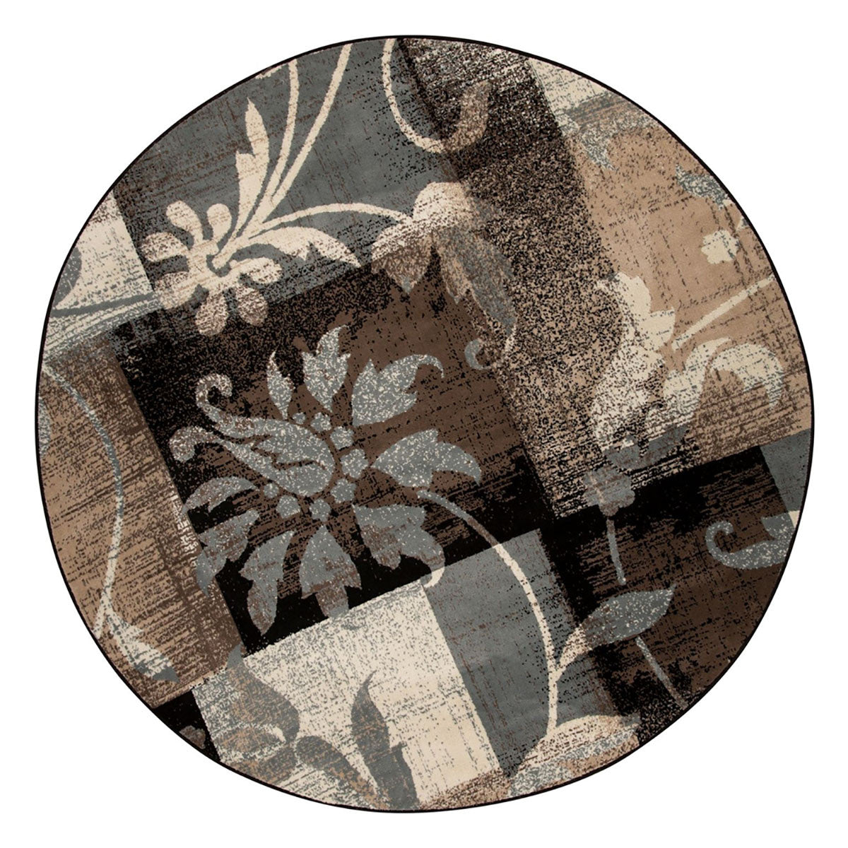 5' Beige Black And Brown Floral Distressed Round Rug