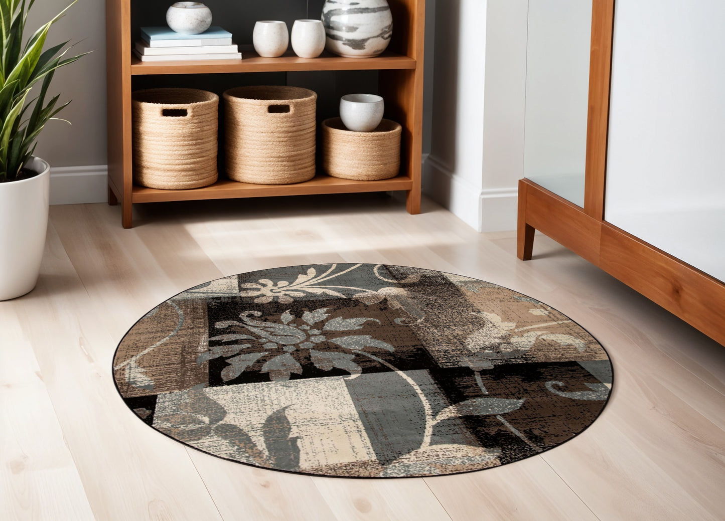 5' Beige Black And Brown Floral Distressed Round Rug