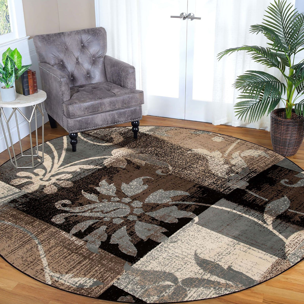 5' Beige Black And Brown Floral Distressed Round Rug