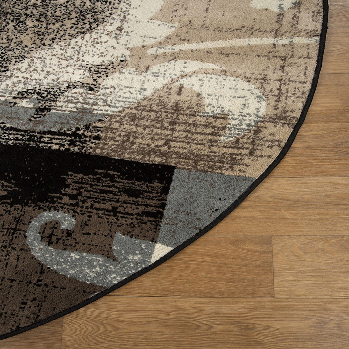 5' Beige Black And Brown Floral Distressed Round Rug