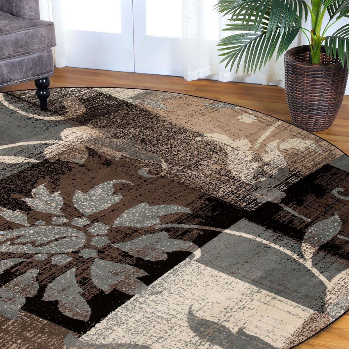 5' Beige Black And Brown Floral Distressed Round Rug