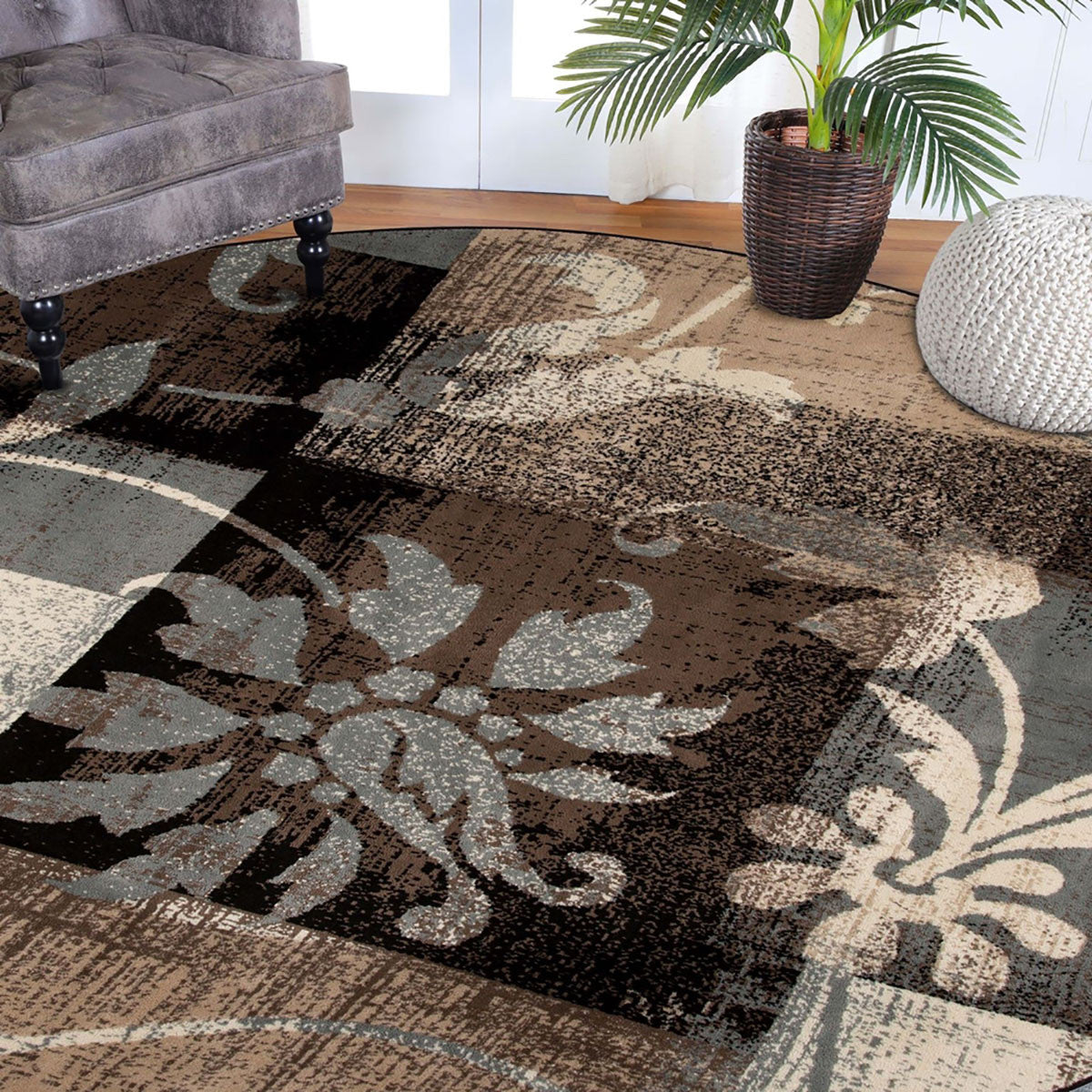5' Beige Black And Brown Floral Distressed Round Rug