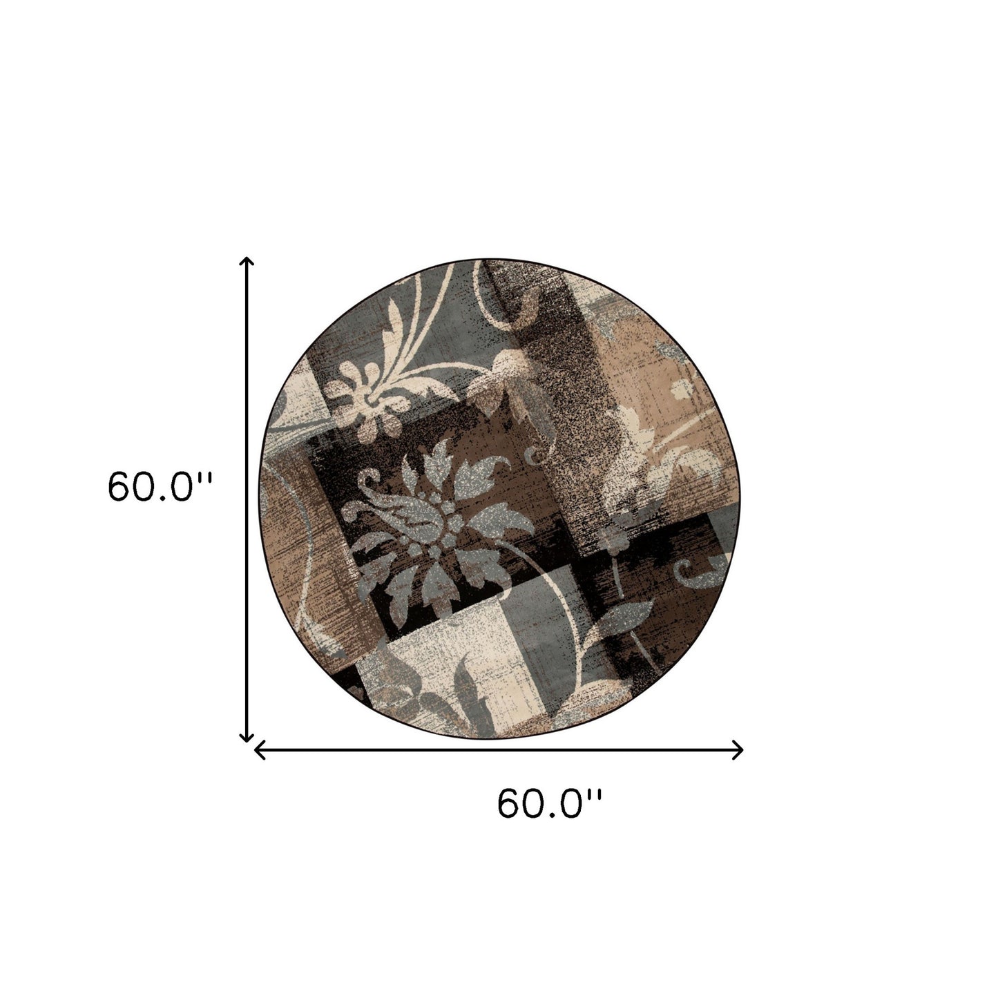 5' Beige Black And Brown Floral Distressed Round Rug