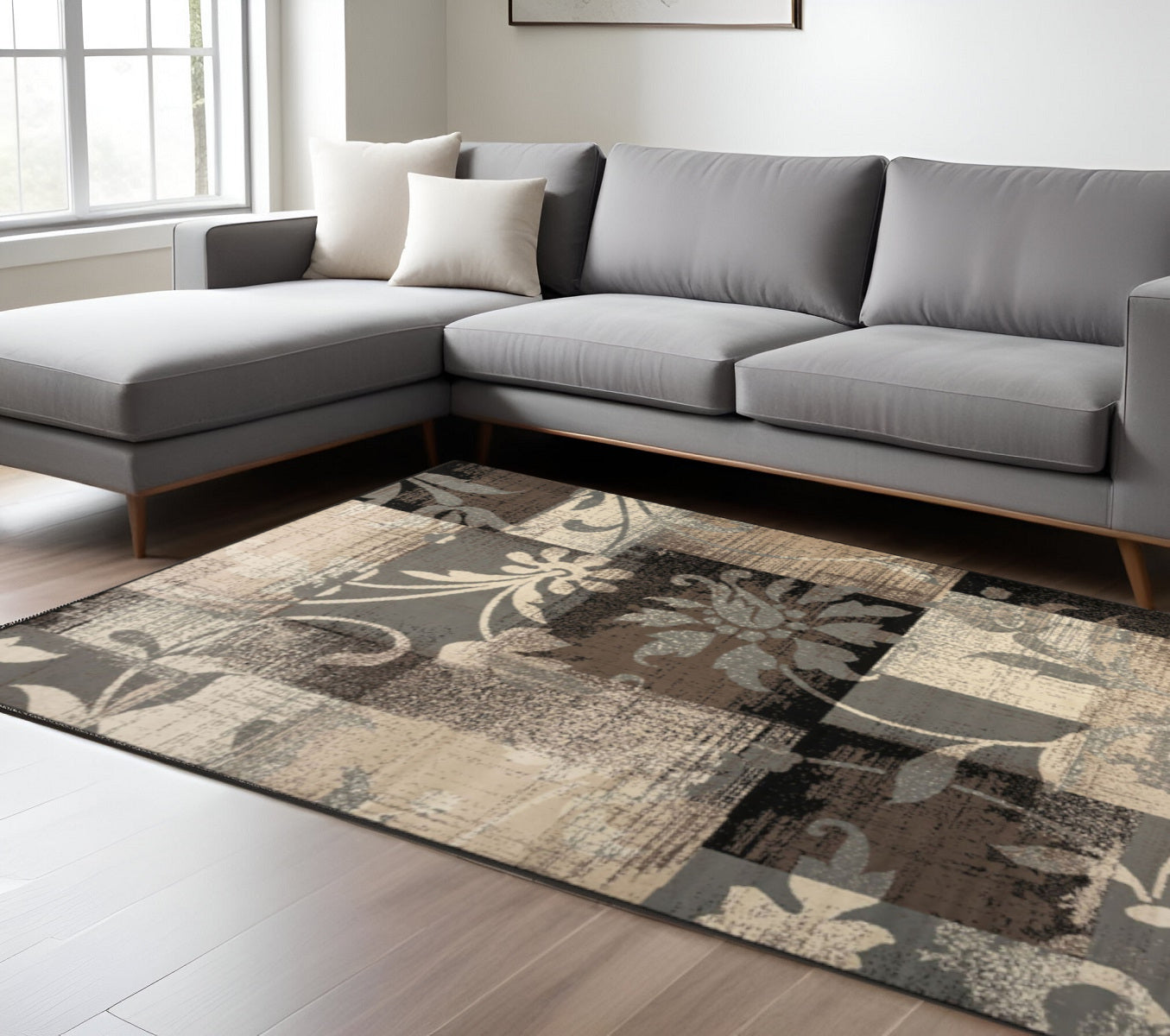 9' X 12' Beige Floral Power Loom Stain Resistant Area Rug