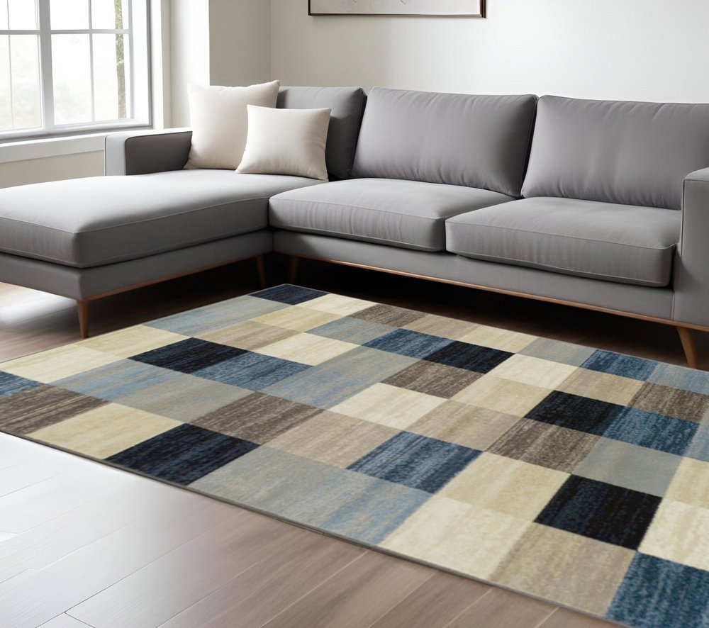 8' X 10' Blue Black And Gray Geometric Area Rug