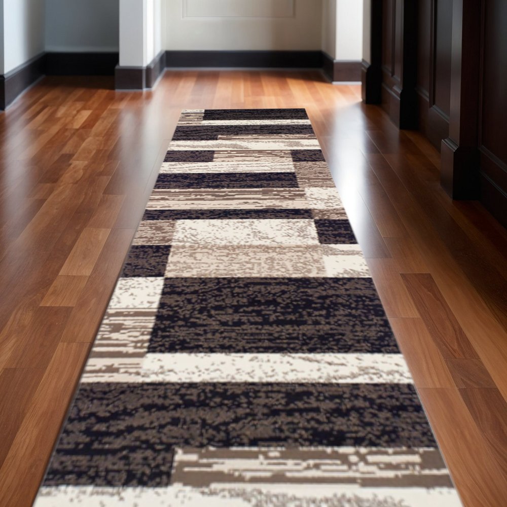 12' Black Brown And Beige Patchwork Runner Rug