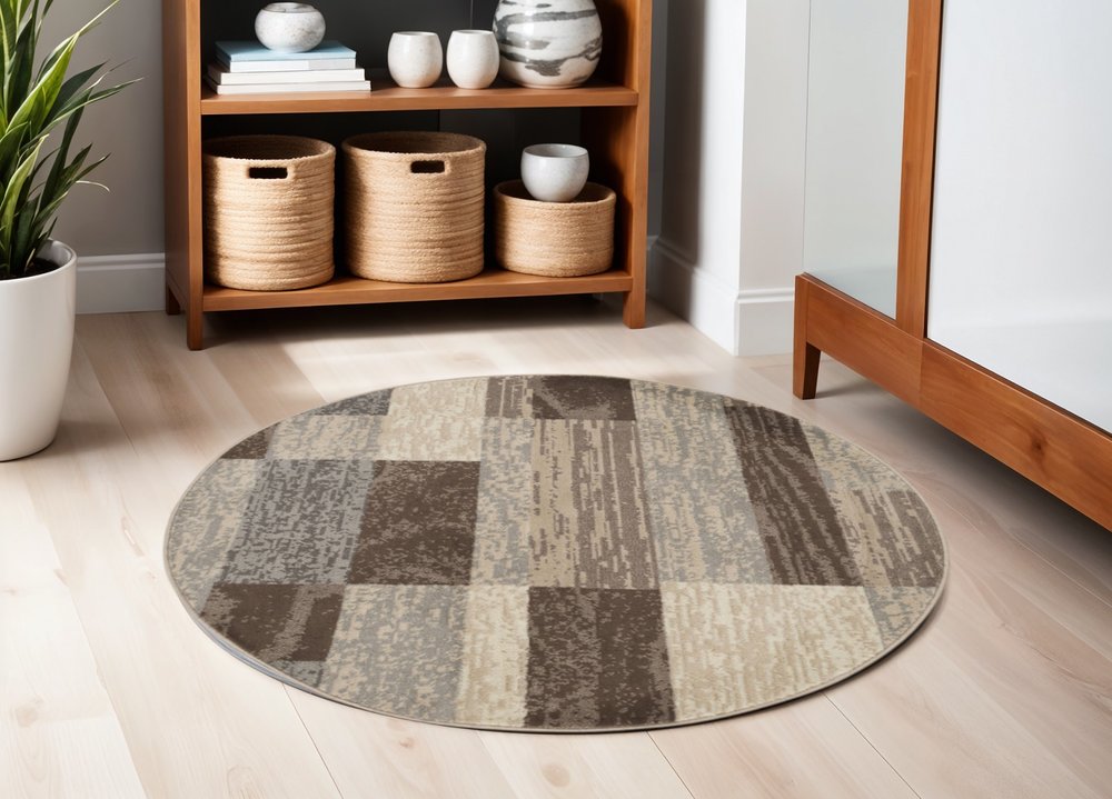 5' Beige Slate Gray And Brown Patchwork Round Rug