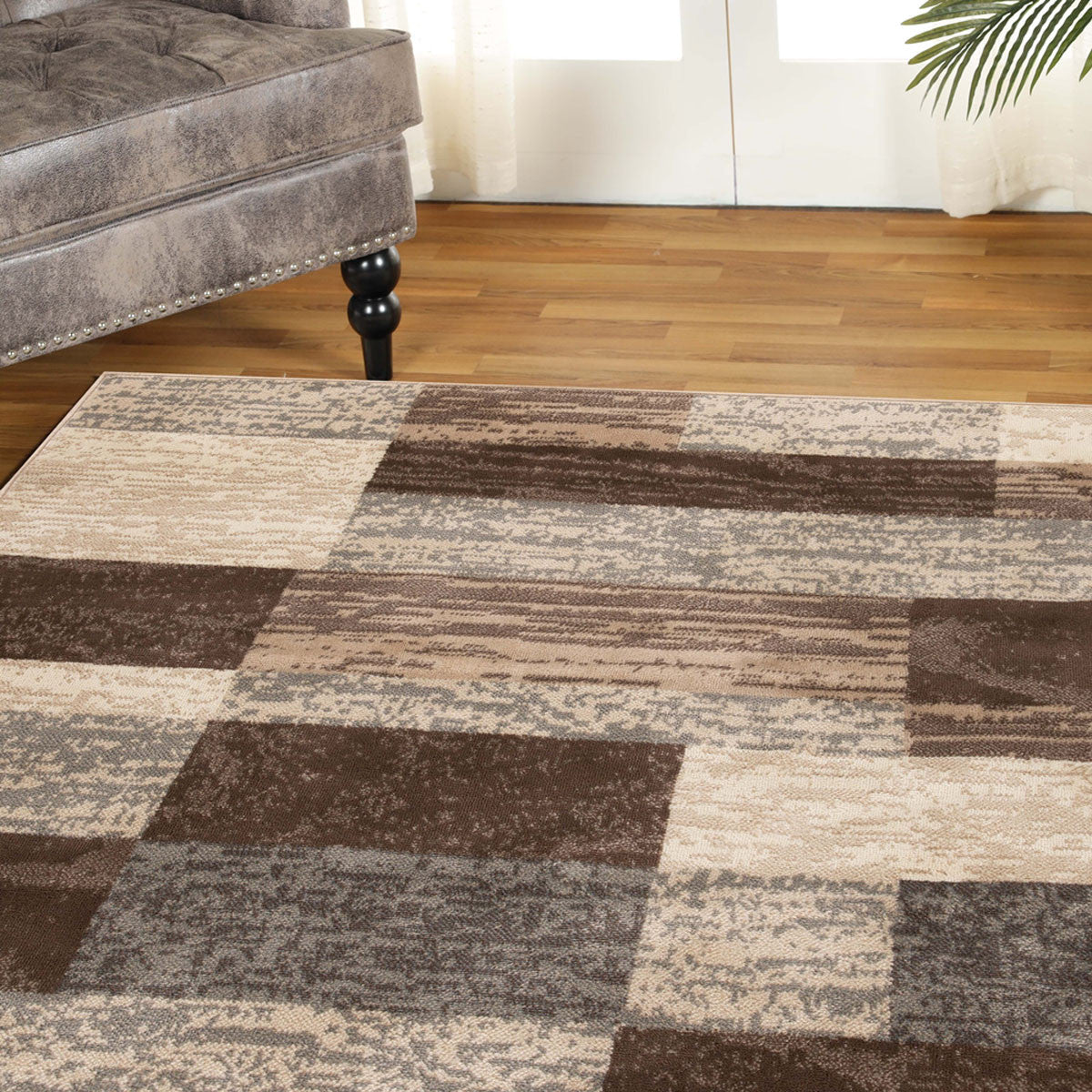 5' Brown And Beige Patchwork Square Rug