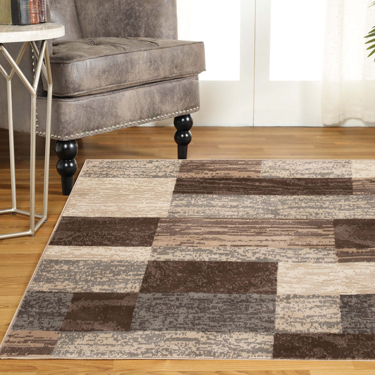 5' Brown And Beige Patchwork Square Rug