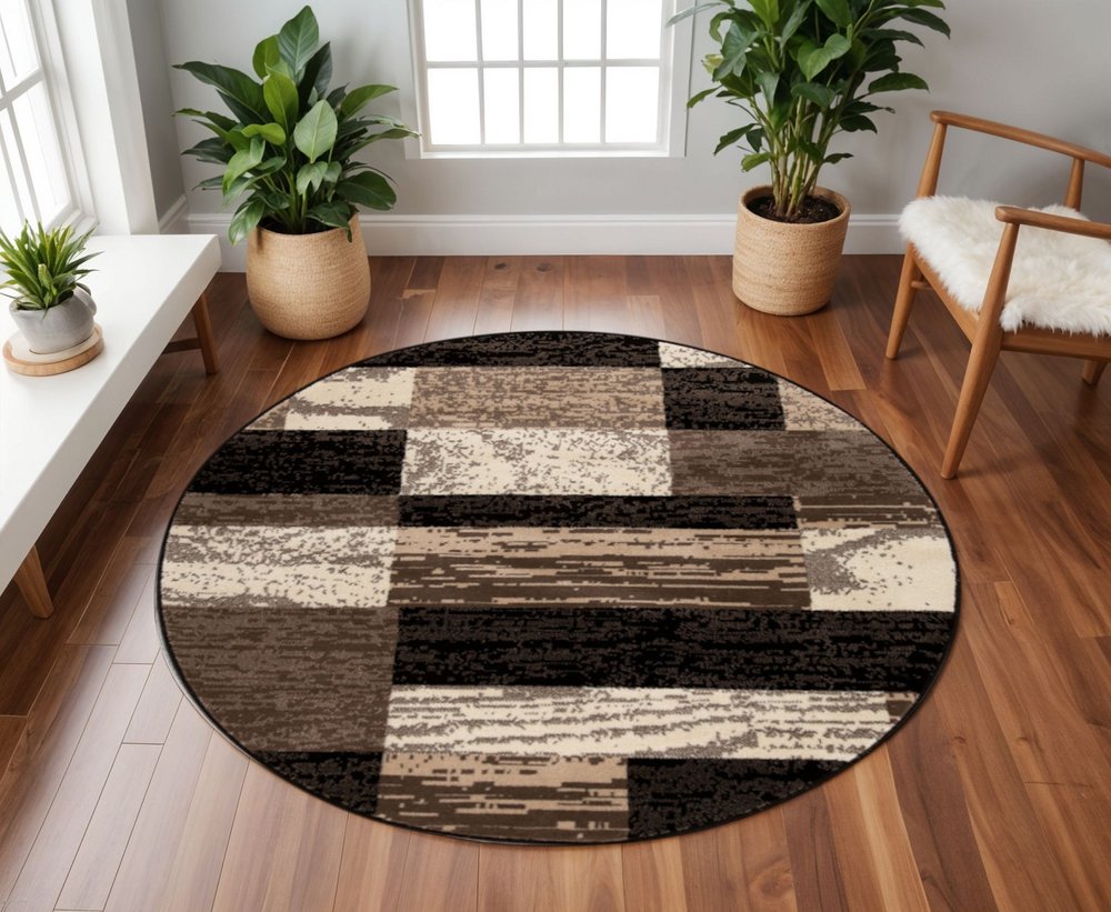 8' Black Brown And Beige Patchwork Round Rug