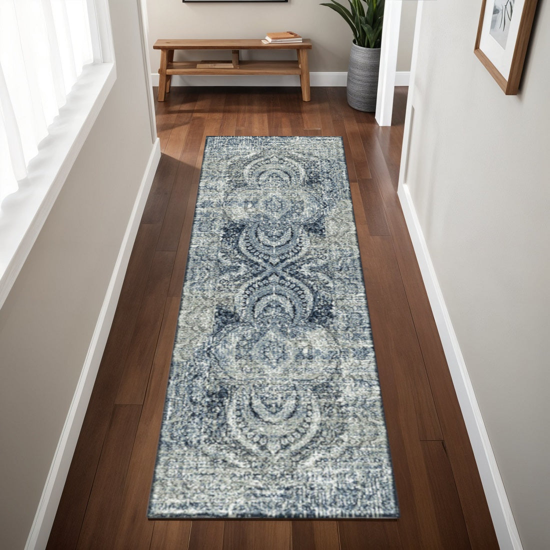 8' Taupe Abstract Power Loom Distressed Stain Resistant Runner Rug