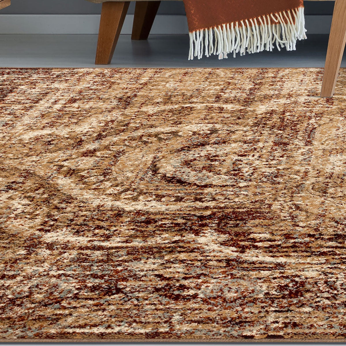 4' X 6' Maroon And Gold Abstract Distressed Area Rug