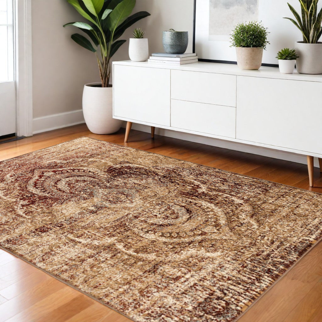 4' X 6' Maroon And Gold Abstract Distressed Area Rug