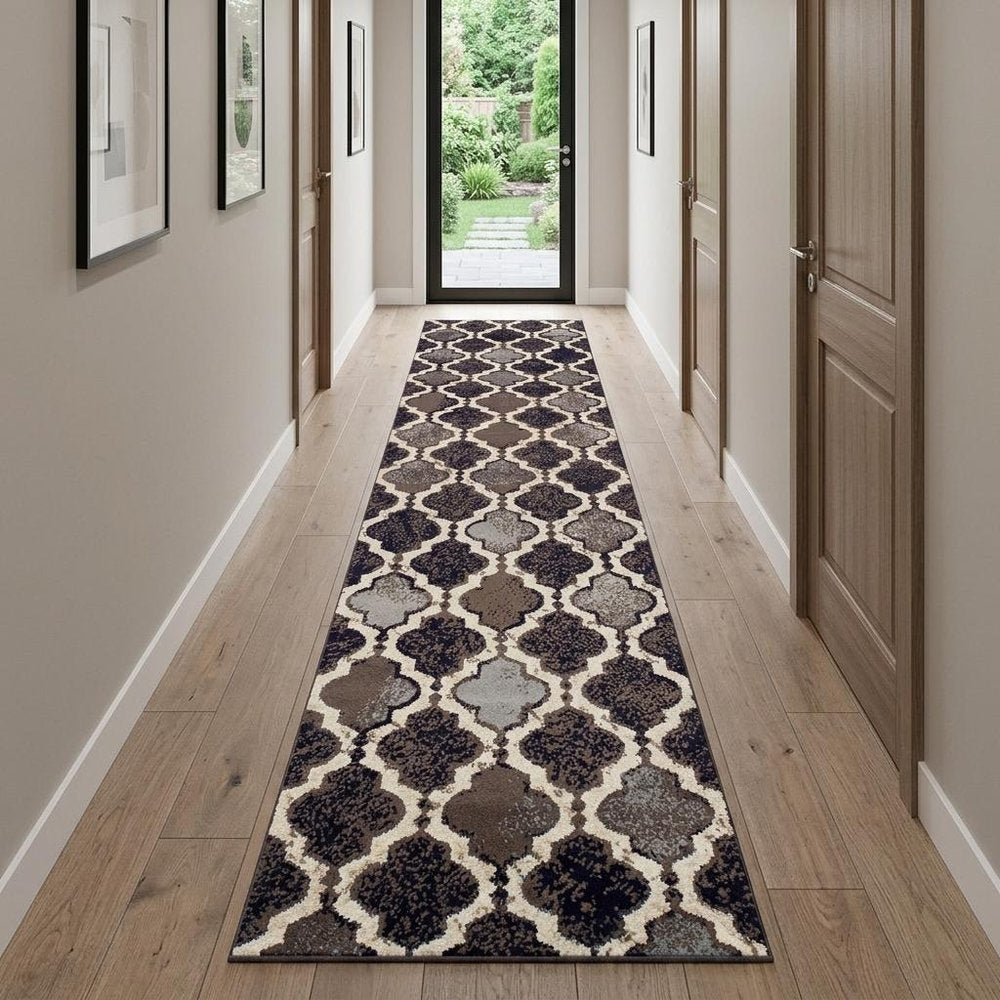 10' Brown Black And Ivory Quatrefoil Distressed Runner Rug