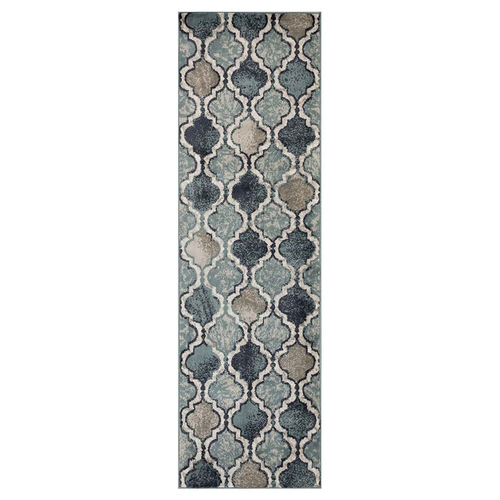 10' Gray And Ivory Quatrefoil Distressed Runner Rug