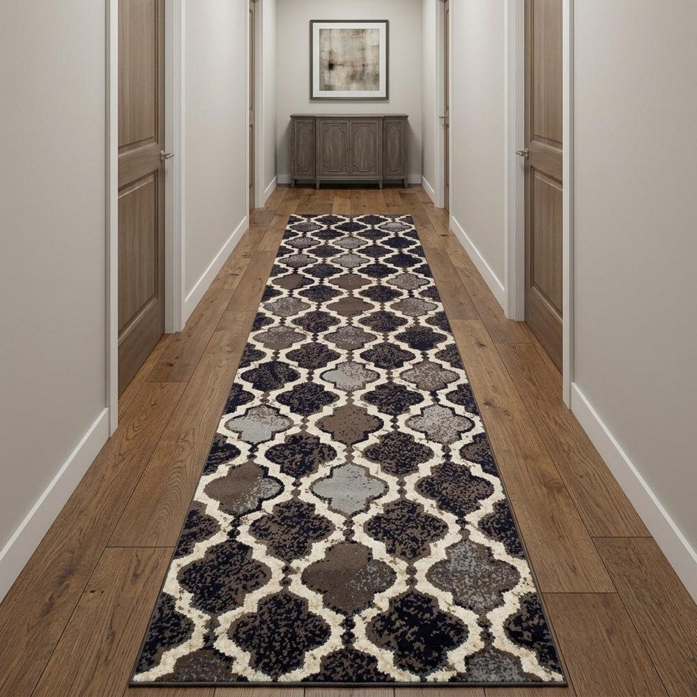 12' Brown Black And Ivory Quatrefoil Distressed Runner Rug