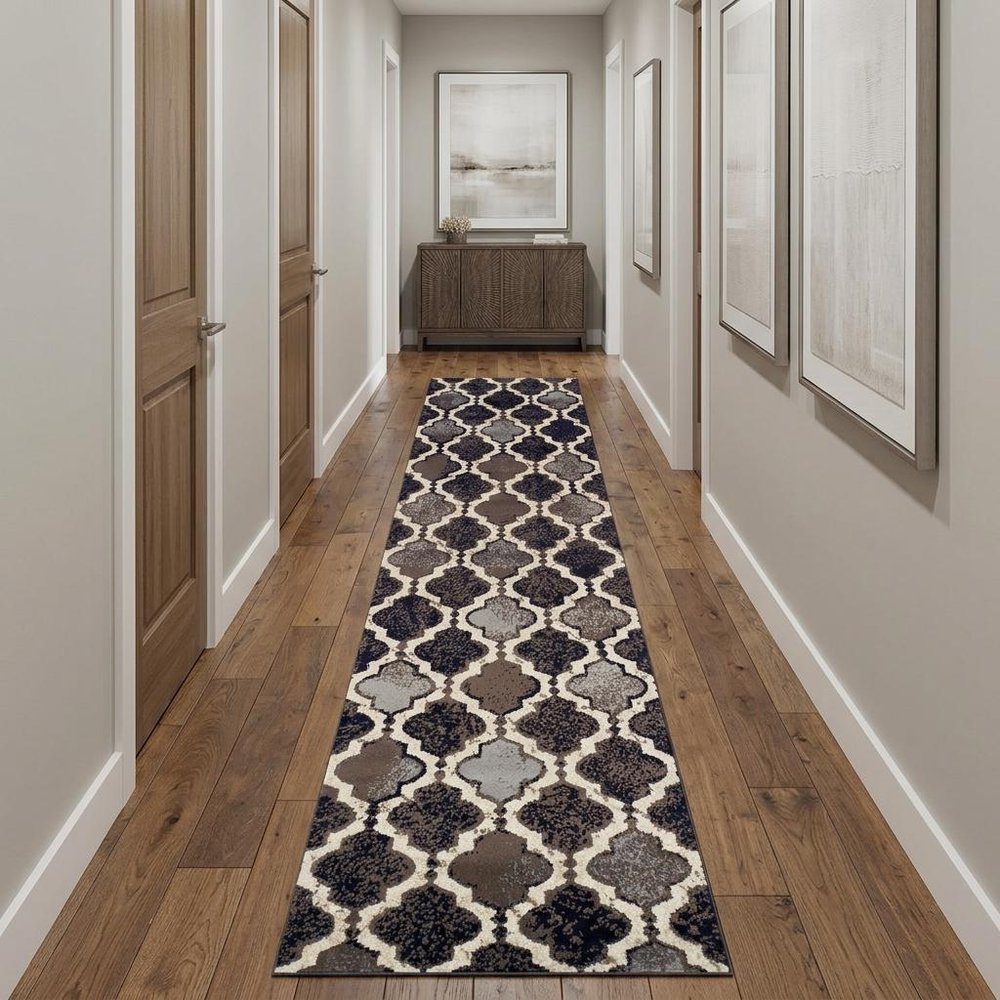 12' Brown Black And Ivory Quatrefoil Distressed Runner Rug