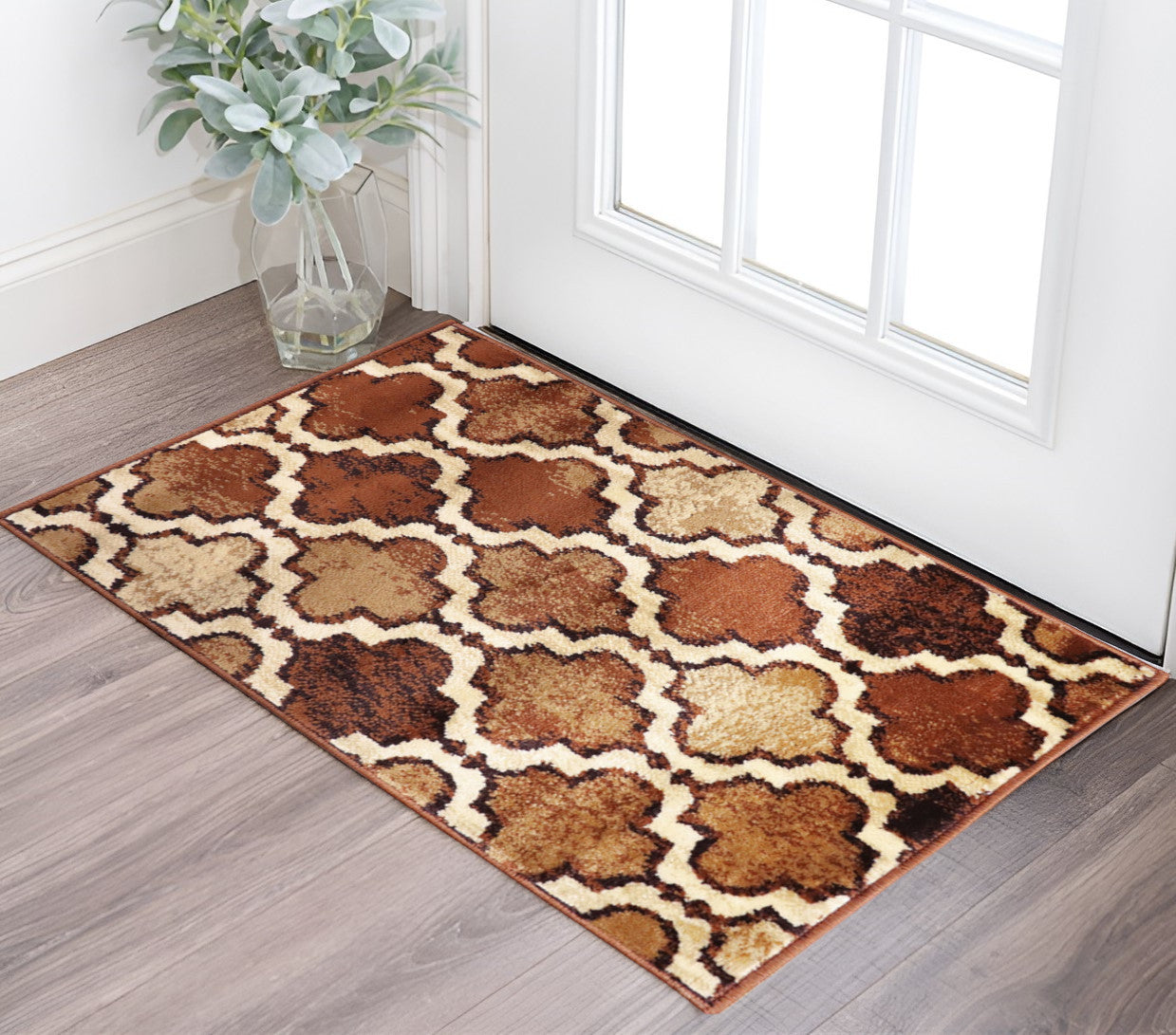 2' X 3' Brown Quatrefoil Power Loom Distressed Stain Resistant Area Rug