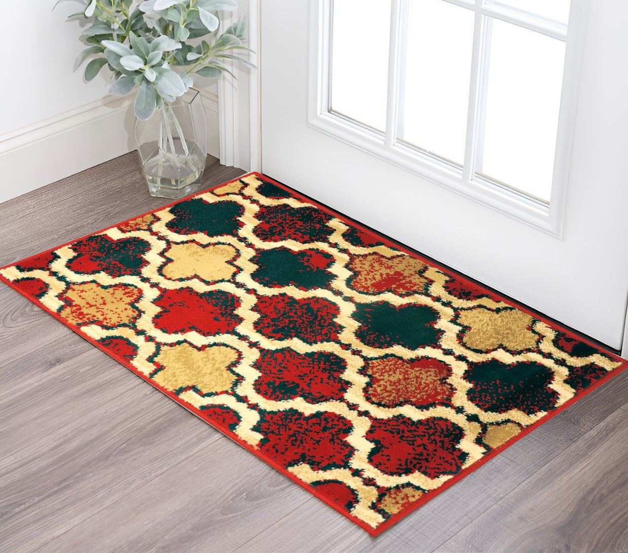 2' X 3' Red Blue Quatrefoil Power Loom Distressed Stain Resistant Area Rug