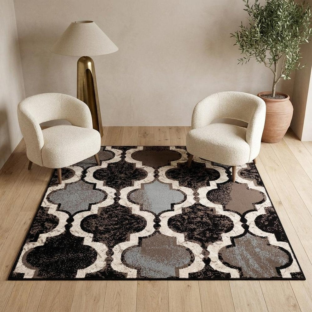 5' Brown Black And Ivory Quatrefoil Distressed Square Rug