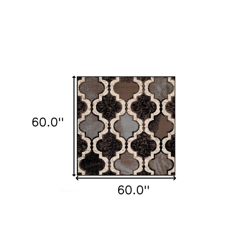 5' Brown Black And Ivory Quatrefoil Distressed Square Rug