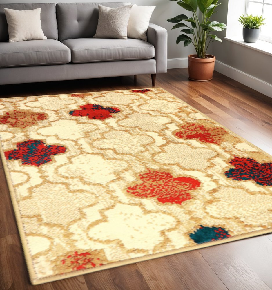 5' X 8' Beige Brown And Red Quatrefoil Distressed Area Rug